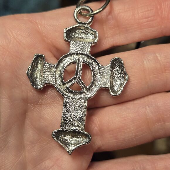 Silver Tone Cross Peace Sign Pendant Cord Necklace - Picture 6 of 6